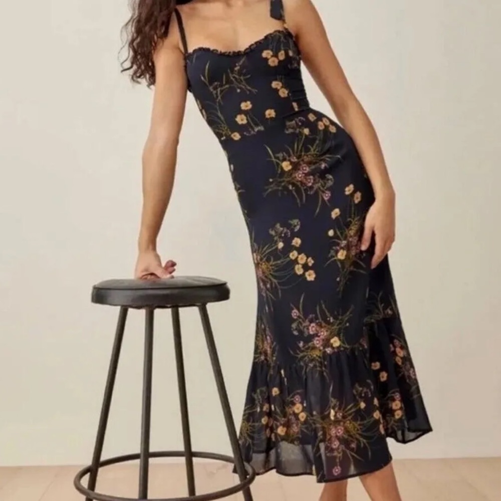 Look Alike Off Brand REFORMATION NIKITA MIDI DRESS MADEMOISELLE BLUE FLORAL SIZE